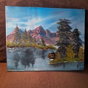 Bob Ross Inspired Hand Painted Canvas  Purple Mountains Big Evergreen Trees